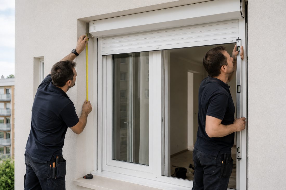 Dos técnicos instalando una persiana nueva a medida en una ventana