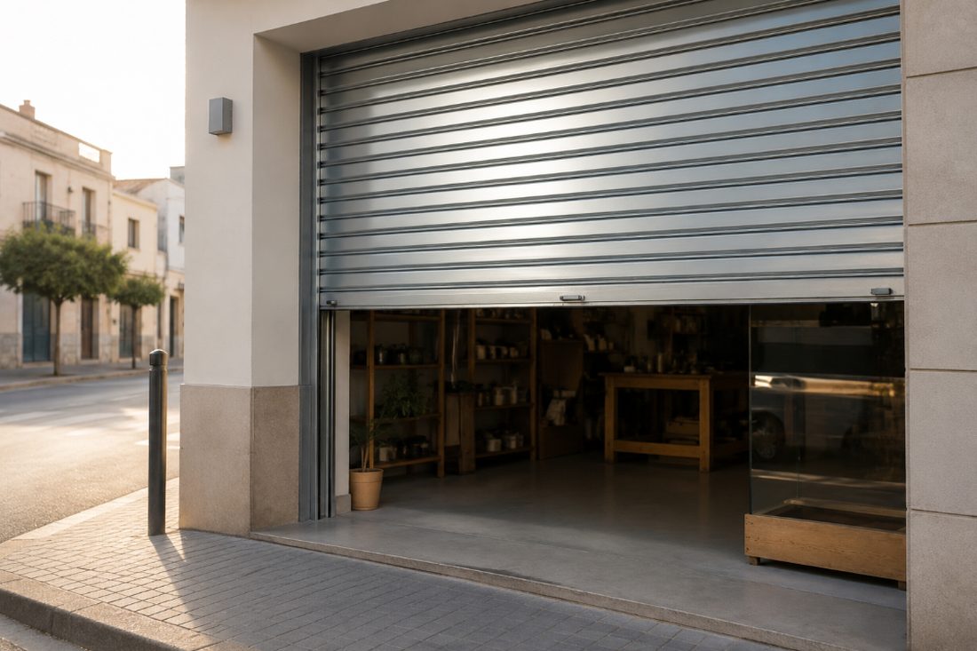 Cierre metálico enrollable medio subido en la entrada de un comercio