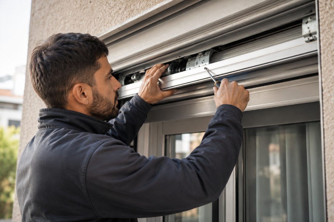 Técnico reparando el cajón de una persiana en una ventana